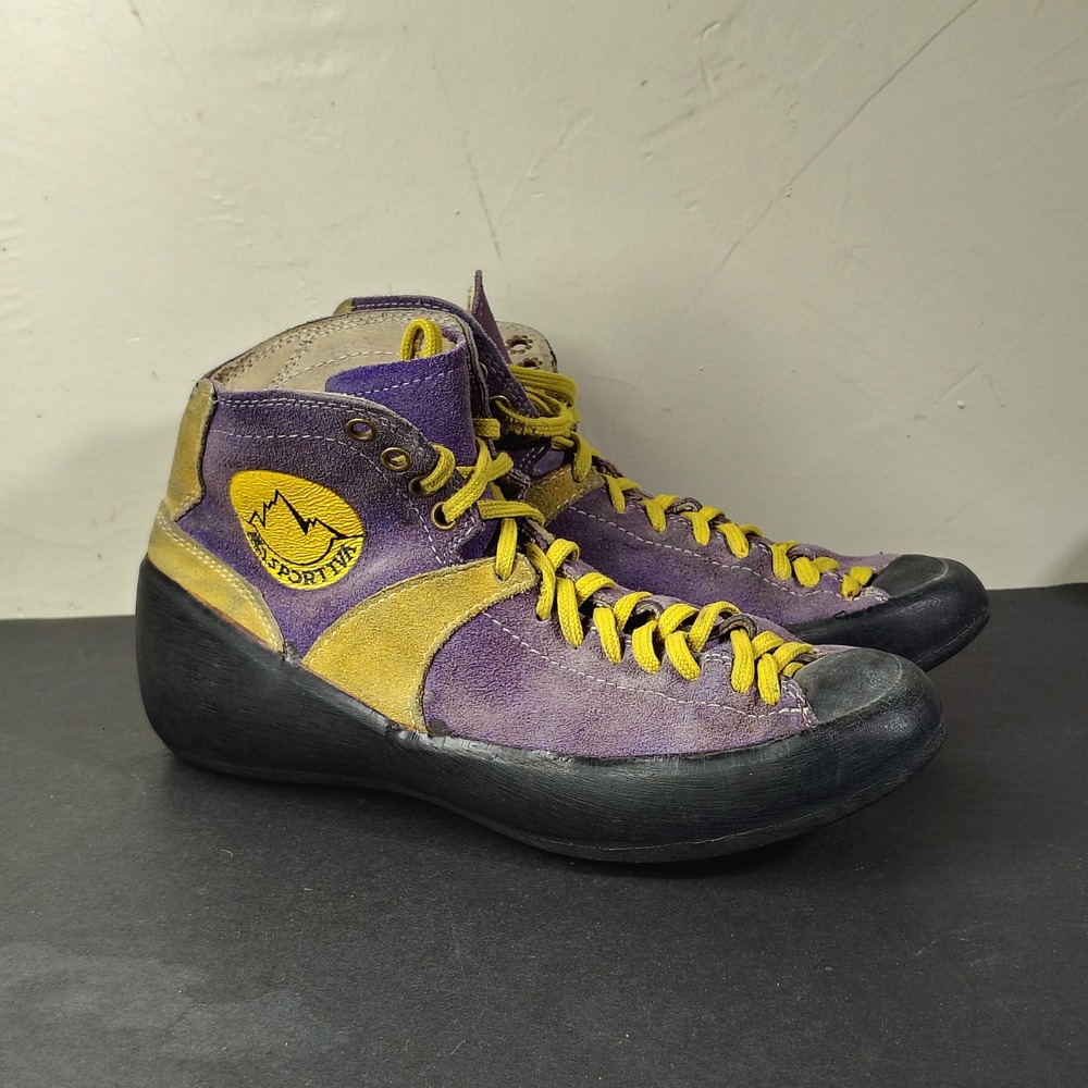 Vintage La Sportiva Climbing Shoes Mariacher High Top Italy Purple Yellow 1980s